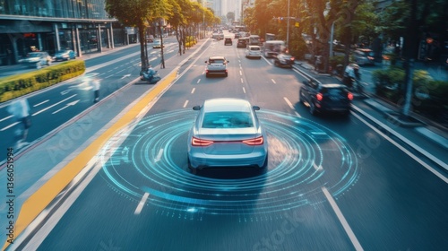 An AI powered autonomous car navigating city streets, adjusting to traffic conditions, and ensuring a safe driving experience