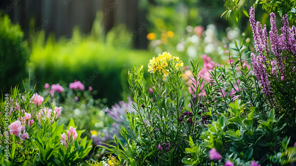 Obraz premium Lush Garden Scene with Diverse Colorful Flowers Blooming Under Bright Sunlight