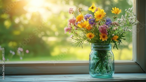 Colorful wildflowers in a vintage glass jar on a windowsill, bathed in warm sunlight, overlooking a garden.