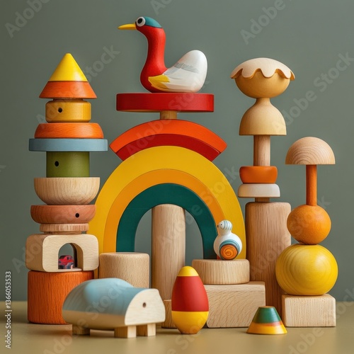 Colorful wooden stacking blocks toy castle.