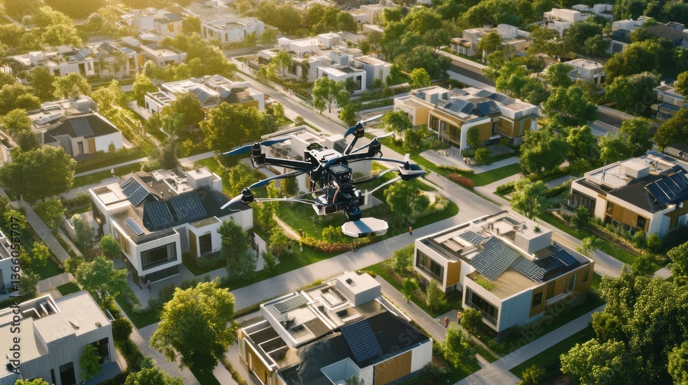 Fototapeta premium An AI powered autonomous construction drone building a sustainable house in a smart neighborhood, futuristic residential area with real-time construction data, Construction technology style