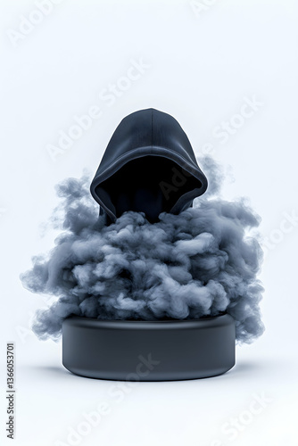 Hooded figure shrouded in dark smoke on a pedestal