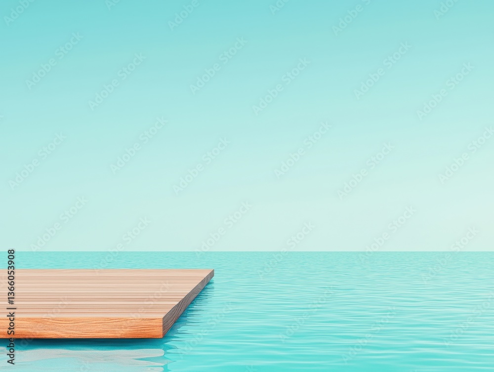 Fototapeta premium A serene, minimalist scene featuring a wooden platform extending over calm turquoise waters under a clear sky.