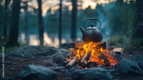 Atop a campfire, a rustic iron kettle perched, creating a warm and inviting scene for outdoor enthusiasts with glowing embers and firewood.