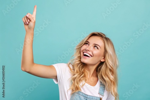 Woman Pointing Upwards With a Joyful Expression on Her Face Generative AI