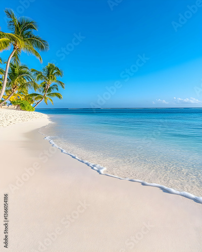 Idyllic tropical beach scene; white sand, turquoise water, palm trees