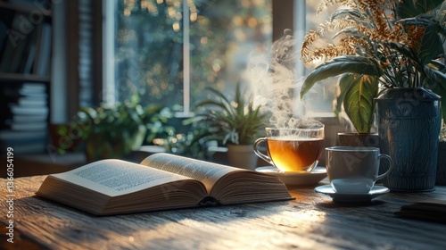 Cozy home interior scene with open book, teacup, and plants on wooden table by window.