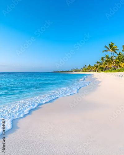 Idyllic tropical beach with white sand, turquoise water, and palm trees under a vibrant blue sky