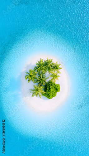 Idyllic tropical island with palm trees, viewed from above