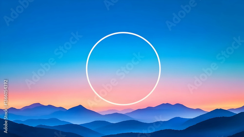 Illuminated circle above blue mountains, orange sky