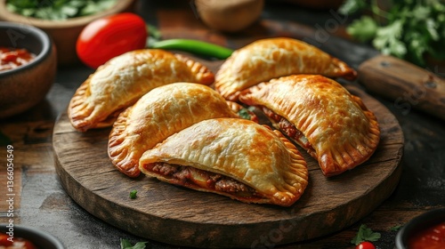 A rustic wooden table showcasing a fresh batch of savory beef and potato-filled homemade Mexican empanadas, inviting viewers to savor the deliciousness, with space for text.