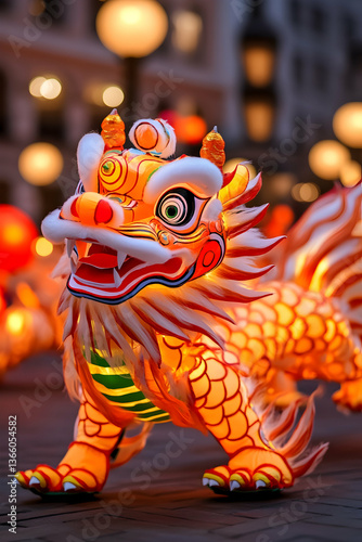 Illuminated lion-dragon lantern during nighttime festival
