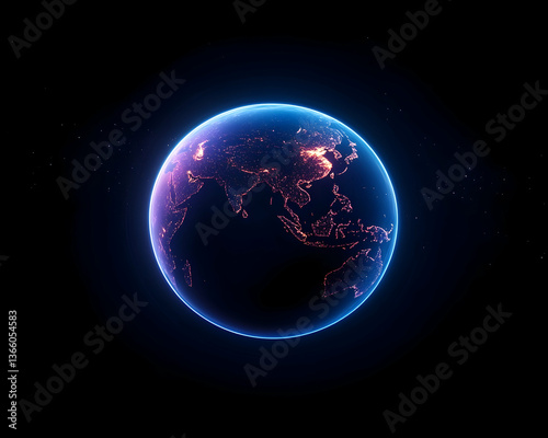 Illuminated Earth at night, showcasing city lights and a glowing atmosphere against a dark space background