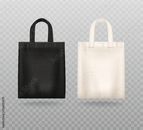 Canvas bag. mockup of fabric tote. Cloth totebag with handle. template of black and white cotton eco bag. Reusable tote for shopping. Blank mock for shopper. Ecobag for grocery. Vector illustration