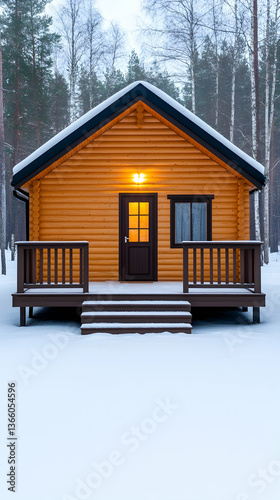 Illuminated log cabin in snowy forest