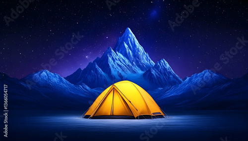 Illuminated tent at night, majestic snow-capped mountain backdrop under starry sky