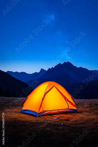 Illuminated tent glowing at night in mountainous landscape
