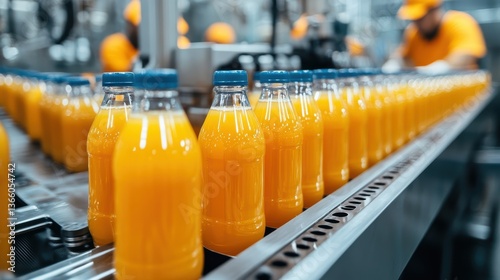 Close-up of a machine filling bottles with juice on a production line, with workers supervising the bottling process