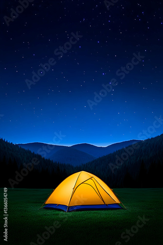 Illuminated tent in a mountain meadow under a starry night sky
