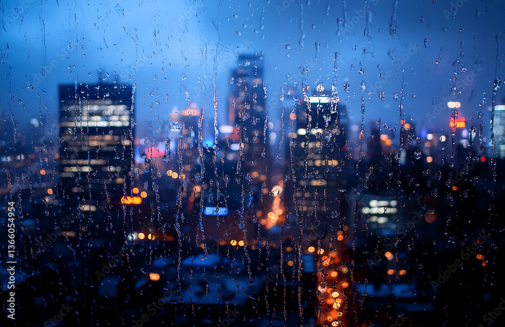Obraz premium City skyline seen through a window covered in raindrops during a dark blue rainy night time scene