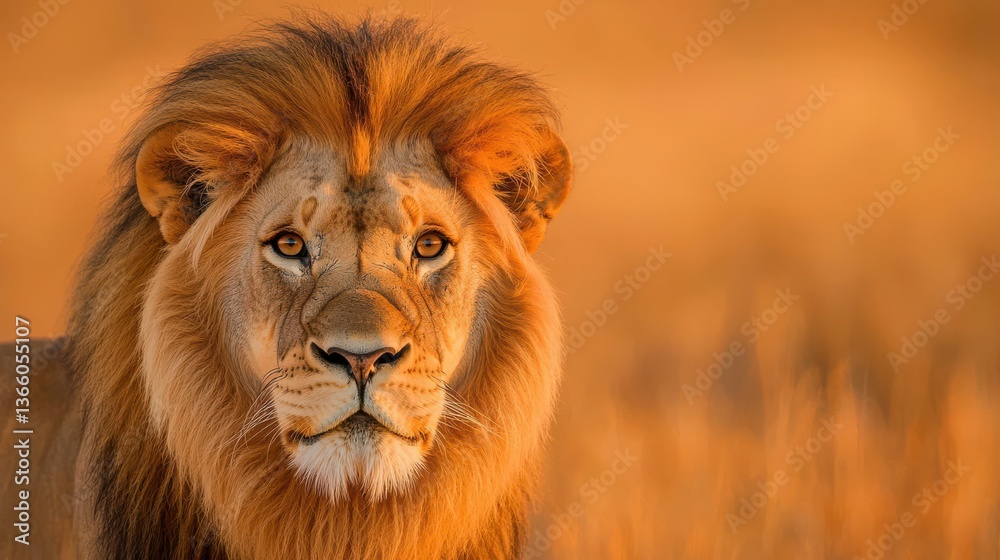 Fototapeta premium A majestic lion gazes intently, its vibrant mane illuminated by warm golden light, embodying the essence of strength and beauty in the wild.