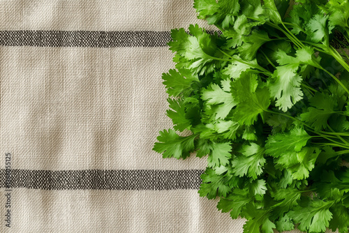 Vibrant organic cilantro leaves arranged beautifully on textured fabric photo
