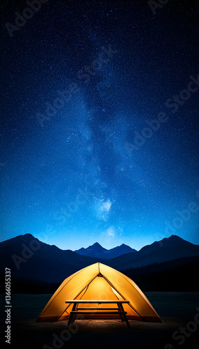 Illuminated tent under a night sky