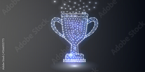 Trophy cup 3d symbol in white low poly style. Champion, award, prize design concept vector illustration. Winner polygonal wireframe.