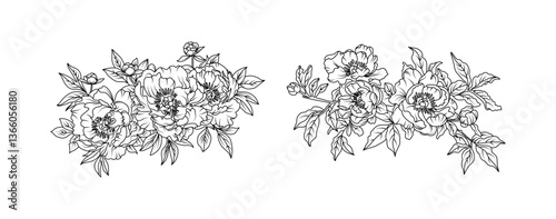 Peony flower arrangement line art on white background. Silhouette peony botanical hand drawn element for wedding, invitation frame design, vector illustration