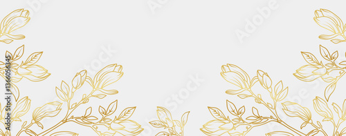 Luxury gold magnolia flowers background. Floral pattern tropical in line art style for greeting, invitation, wedding card, wall art, wallpaper and print. Vector illustration