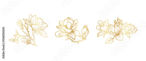 Luxury gold magnolia flowers background. Floral pattern tropical in line art style for greeting, invitation, wedding card, wall art, wallpaper and print. Vector illustration