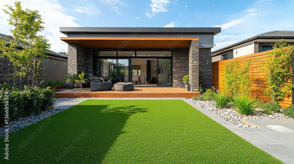 Modern Backyard Retreat: Artificial Lawn & Deck with Stylish Seating and Contemporary Brickwork