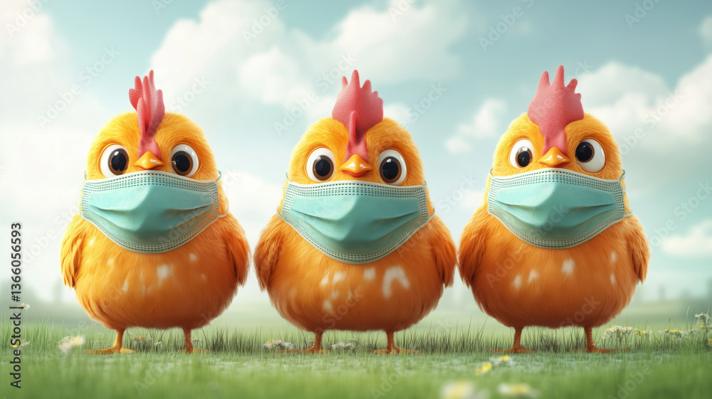 Fototapeta premium Charming chickens in medical masks bringing joy to a sunny farmyard