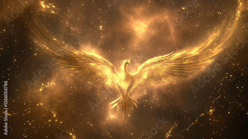 Majestic golden phoenix rising from cosmic flames, representing rebirth and mythical beauty.
