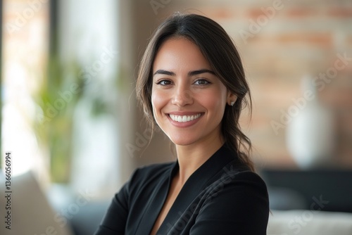 Head shot portrait, beautiful smiling Latina woman posing indoor. Close up profile picture of professional businesswoman, teacher or financial advisor looking at camera with smile, exude competence