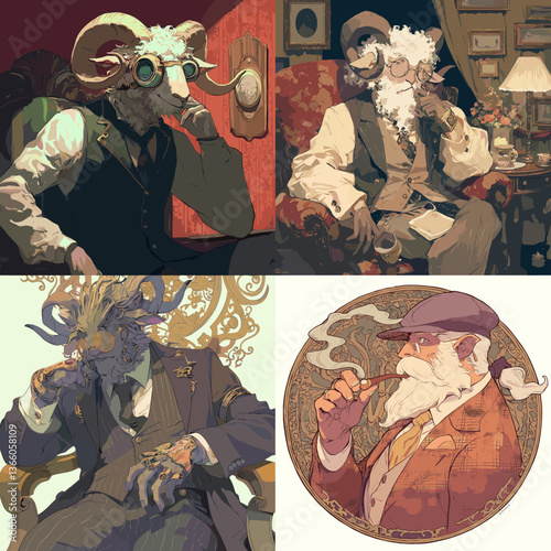 Anthropomorphic rams and vintage gentleman smoking pipes in classic attire. Steampunk-inspired character art perfect for fantasy, retro, and aristocratic illustration themes.

