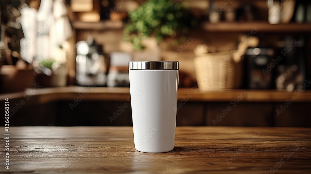 A sleek stainless steel tumbler, white with a secure lid, placed on a smooth wooden surface, embodying minimalist charm with ample copy space. A sleek stainless steel tumbler, white with a secure lid, placed on a smooth wooden surface, embodying minimalist charm with ample copy space.