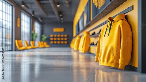 Wallpaper Mural Yellow hoodies displayed in modern store, showroom interior, clothing retail Torontodigital.ca