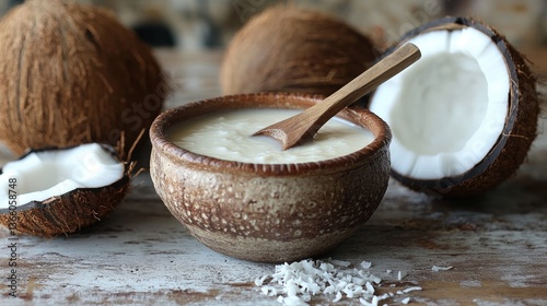 Filled with creamy coconut milk, a small clay bowl features a wooden spoon resting inside, creating an inviting and rustic scene.