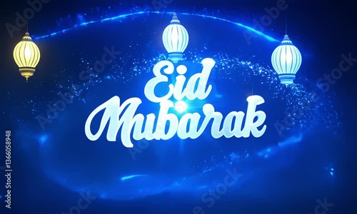 eid mubarak animated text with blue light, 4k resolution footage, generated ai