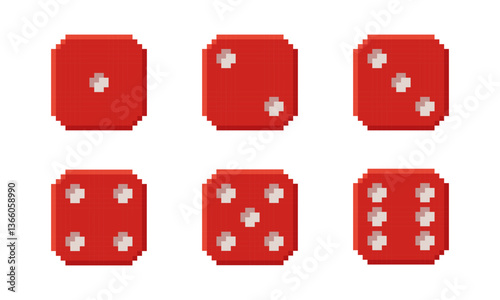 Set of pixel art red dice roll showing numbers 1 to 6. Playing cube sides for board casino game. Retro, 8-bit style isometric pixel graphics. Perfect for games, UI design, and digital projects.