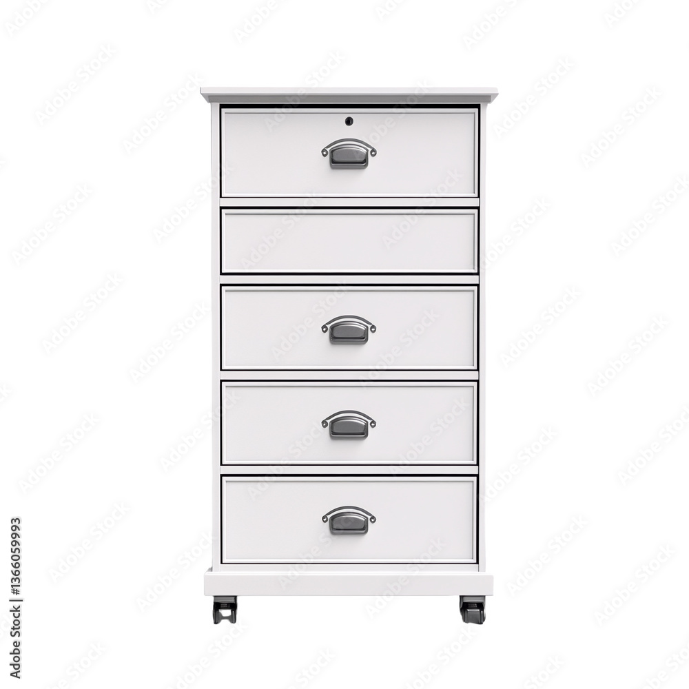 A tall white chest of drawers with five drawers and silver handles on a plain background. A tall white chest of drawers with five drawers and silver handles on a plain background.