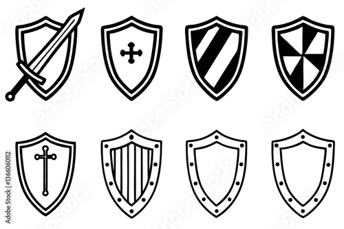 Shield Protection Icons Set Black and White Vector