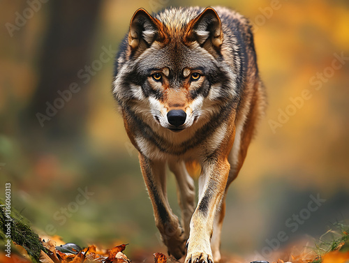 Majestic gray wolf walking through forest with autumn leaves, showcasing its powerful presence and keen gaze. warm colors of foliage enhance scene beauty and tranquility
