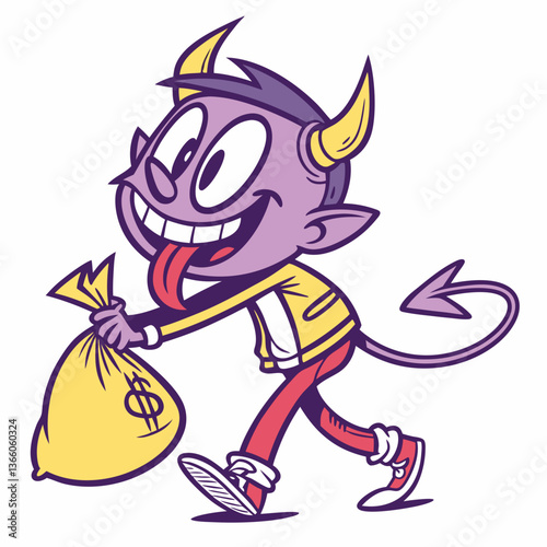 Mischievous Cartoon Devil Carrying a Money Bag