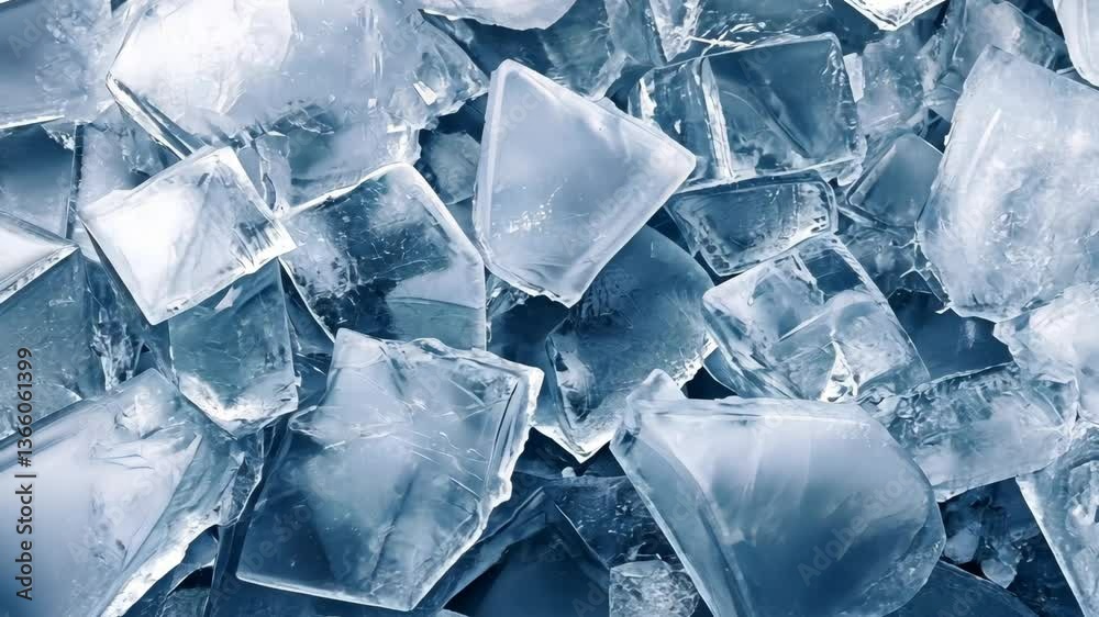 Ice cubes scattered on a surface reflecting light and creating a cool ambiance in the background