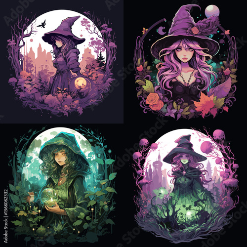 Fantasy witch portraits in mystical forest settings, magical hats, glowing elements, and enchanted nature vibes. Perfect for Halloween, gothic, or fantasy-themed art lovers.

