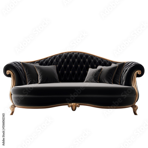 A black and gold couch with decorative tufted back.