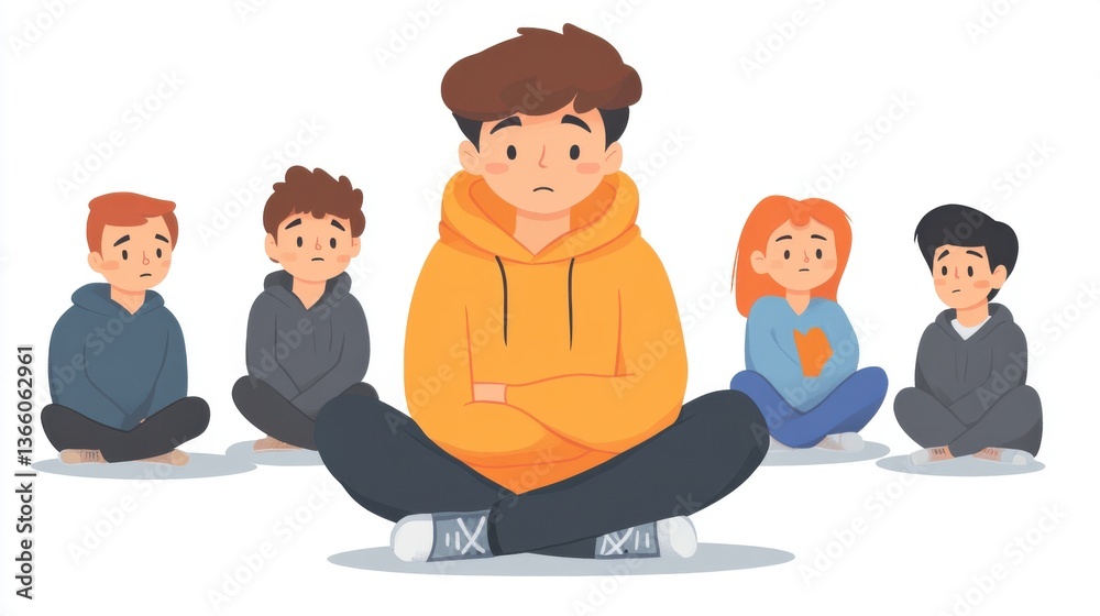 Teenagers Struggling with Emotions: Support Group Illustration Depicting Sadness and Isolation