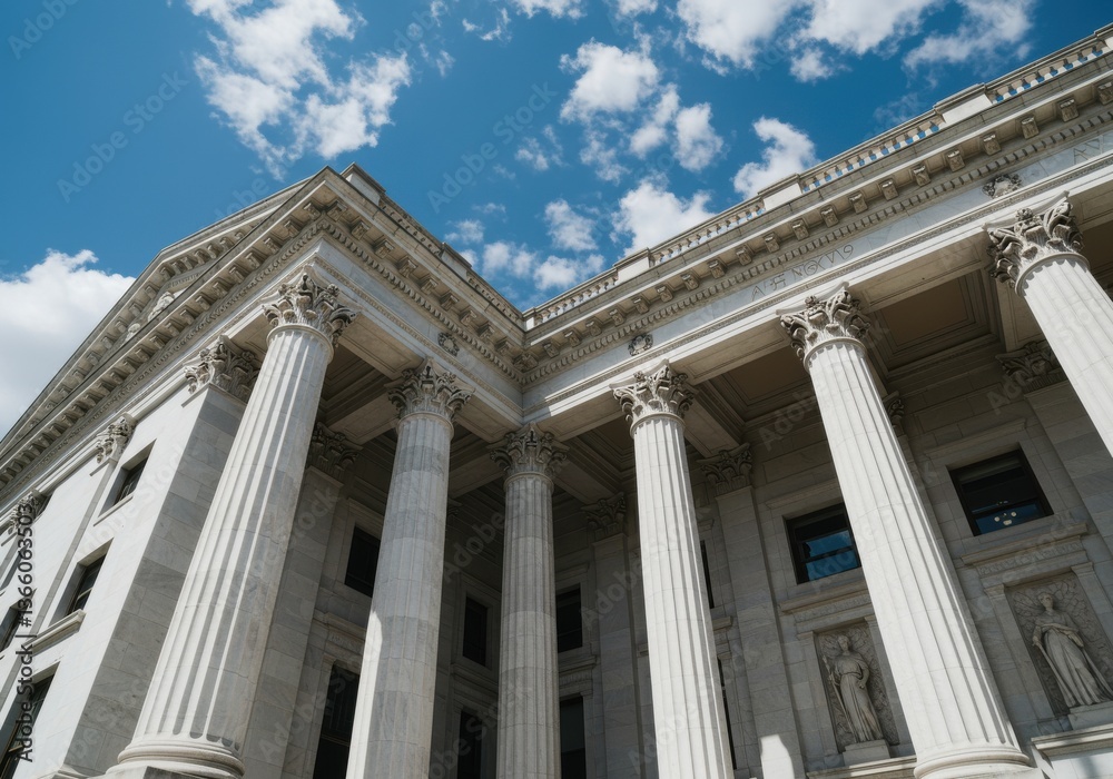 Low angle view of a classical building facade with large columns and a bright blue sky with clouds above it Low angle view of a classical building facade with large columns and a bright blue sky with clouds above it